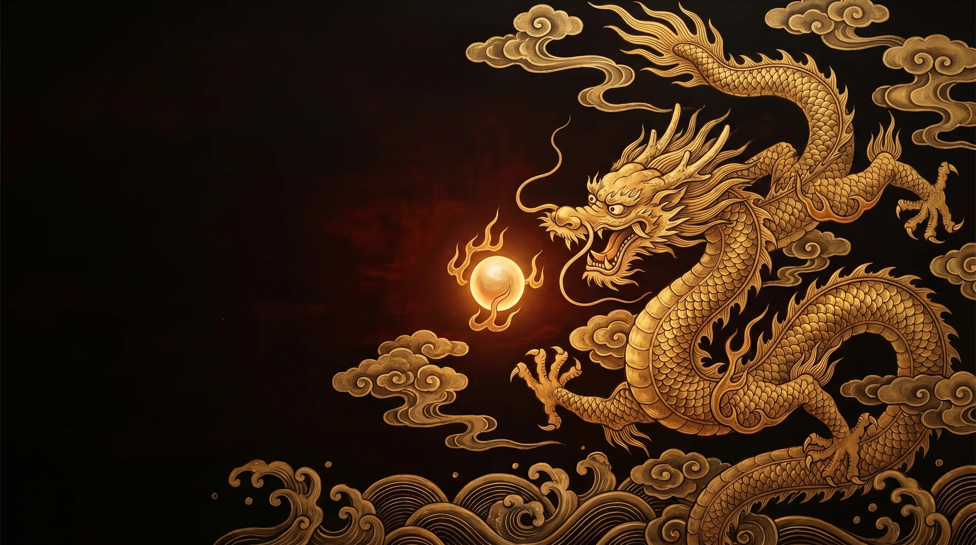 A golden Chinese dragon coiling among clouds and waves